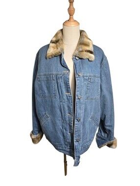 Liz Claiborne Blue Denim Quilted Lining Jacket with Faux Fur Trim Plus Size